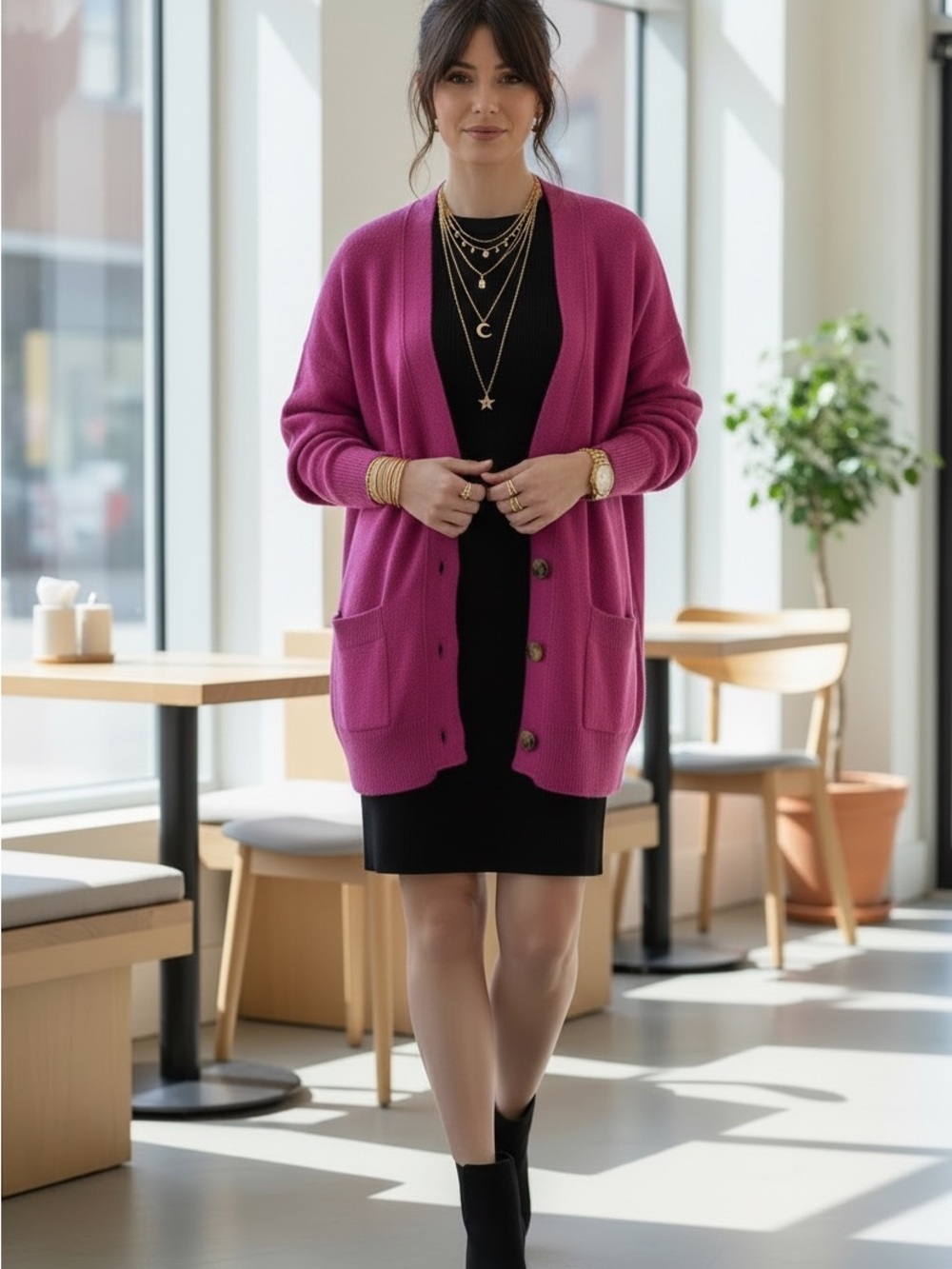 LOFT Fuchsia Open-Front Button Cardigan